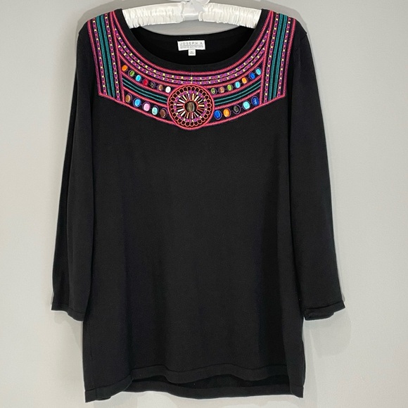 Joseph A Tops - Joseph A. Bohemian Blouse Size XL Black Beautiful Embroidery Beaded 3/4 Sleeve